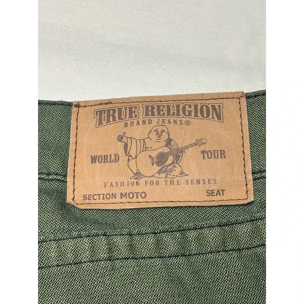 True Religion Mens Section Moto Slim Pants Olive Green‎ Biker Ribbed 38X33